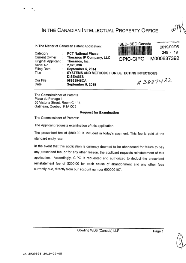 Document de brevet canadien 2920896. Requête d'examen 20190905. Image 1 de 2