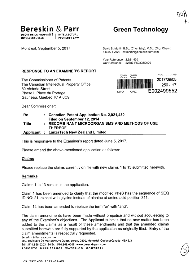 Document de brevet canadien 2921430. Poursuite-Amendment 20161205. Image 1 de 5