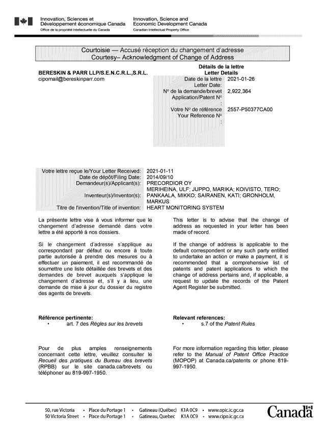 Document de brevet canadien 2922364. Lettre du bureau 20210126. Image 1 de 2