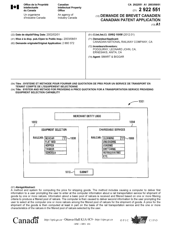 Canadian Patent Document 2922551. Cover Page 20151218. Image 1 of 1