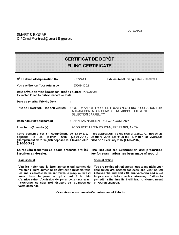 Document de brevet canadien 2922551. Correspondance 20151222. Image 1 de 1
