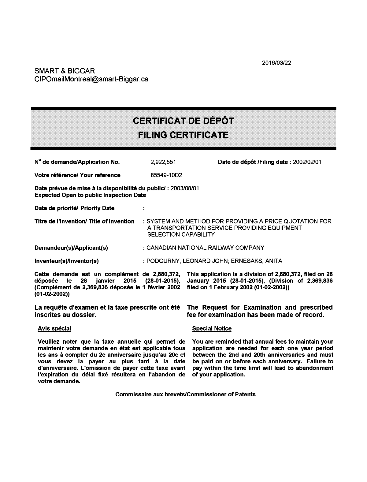 Canadian Patent Document 2922551. Correspondence 20151222. Image 1 of 1