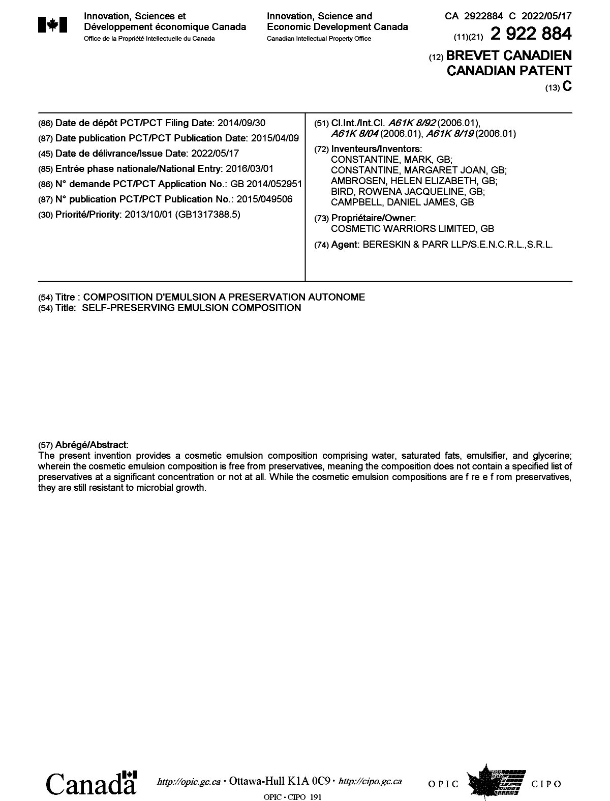 Canadian Patent Document 2922884. Cover Page 20220419. Image 1 of 1
