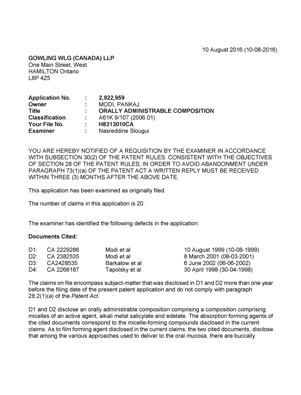 Canadian Patent Document 2922959. Examiner Requisition 20160810. Image 1 of 4