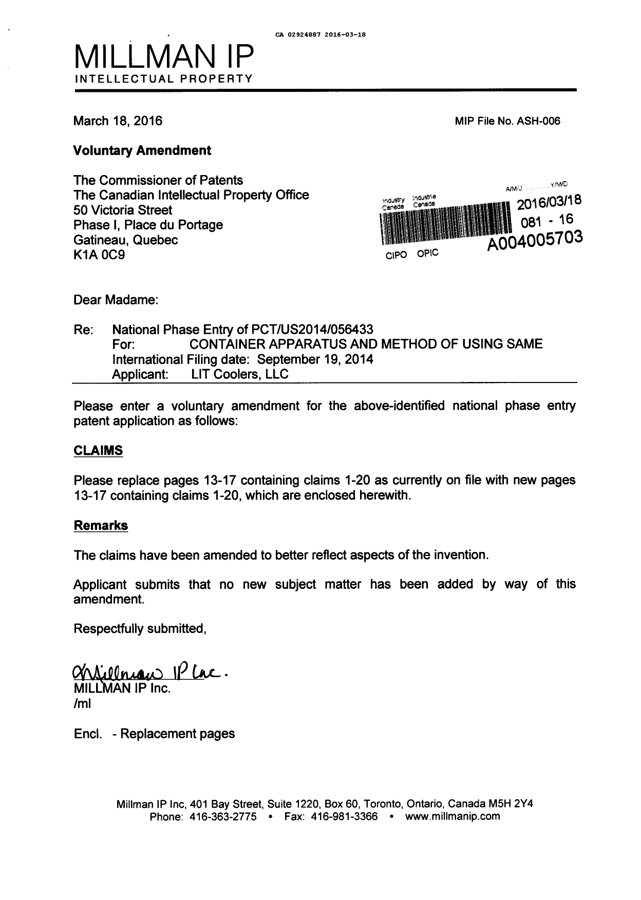 Canadian Patent Document 2924887. Prosecution-Amendment 20151218. Image 1 of 6