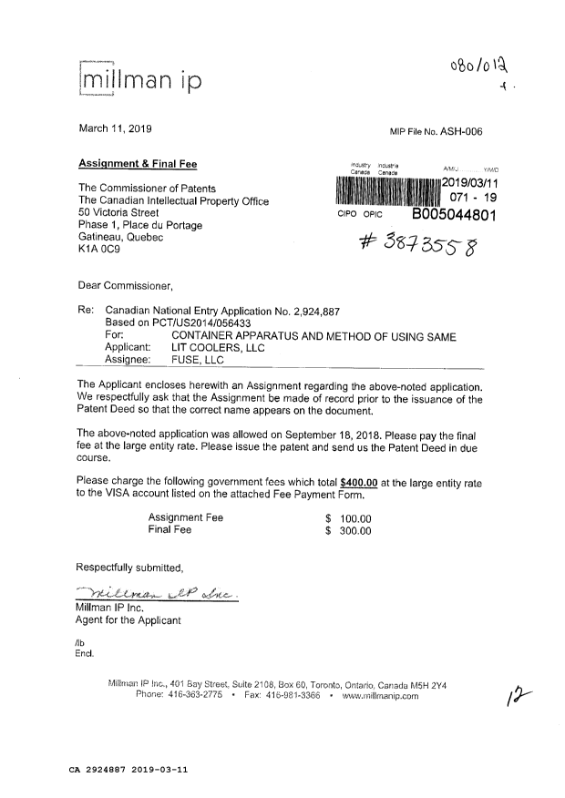 Canadian Patent Document 2924887. Correspondence 20181211. Image 1 of 4