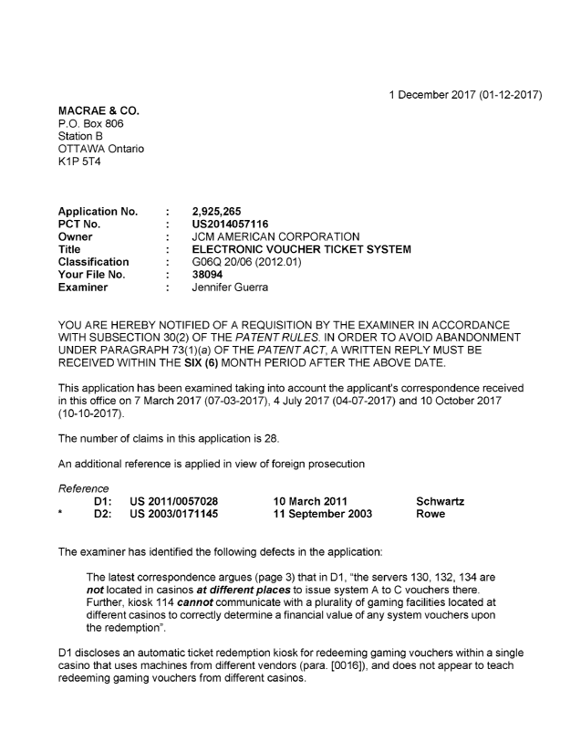 Document de brevet canadien 2925265. Demande d'examen 20171201. Image 1 de 4