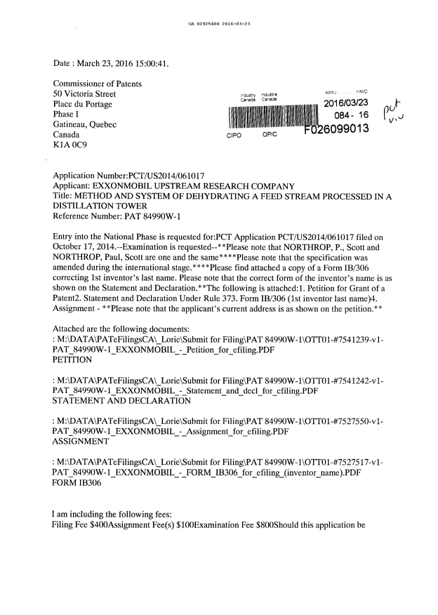 Document de brevet canadien 2925404. Demande d'entrée en phase nationale 20160323. Image 1 de 7