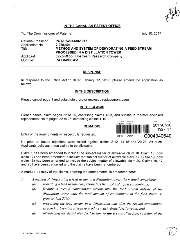 Document de brevet canadien 2925404. Modification 20170710. Image 1 de 11