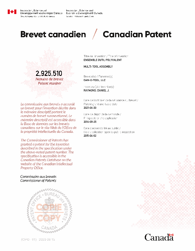 Canadian Patent Document 2925510. Electronic Grant Certificate 20210420. Image 1 of 1