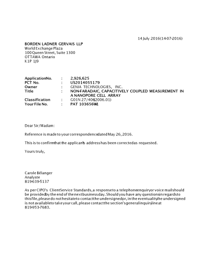 Document de brevet canadien 2926625. Lettre du bureau 20160714. Image 1 de 1
