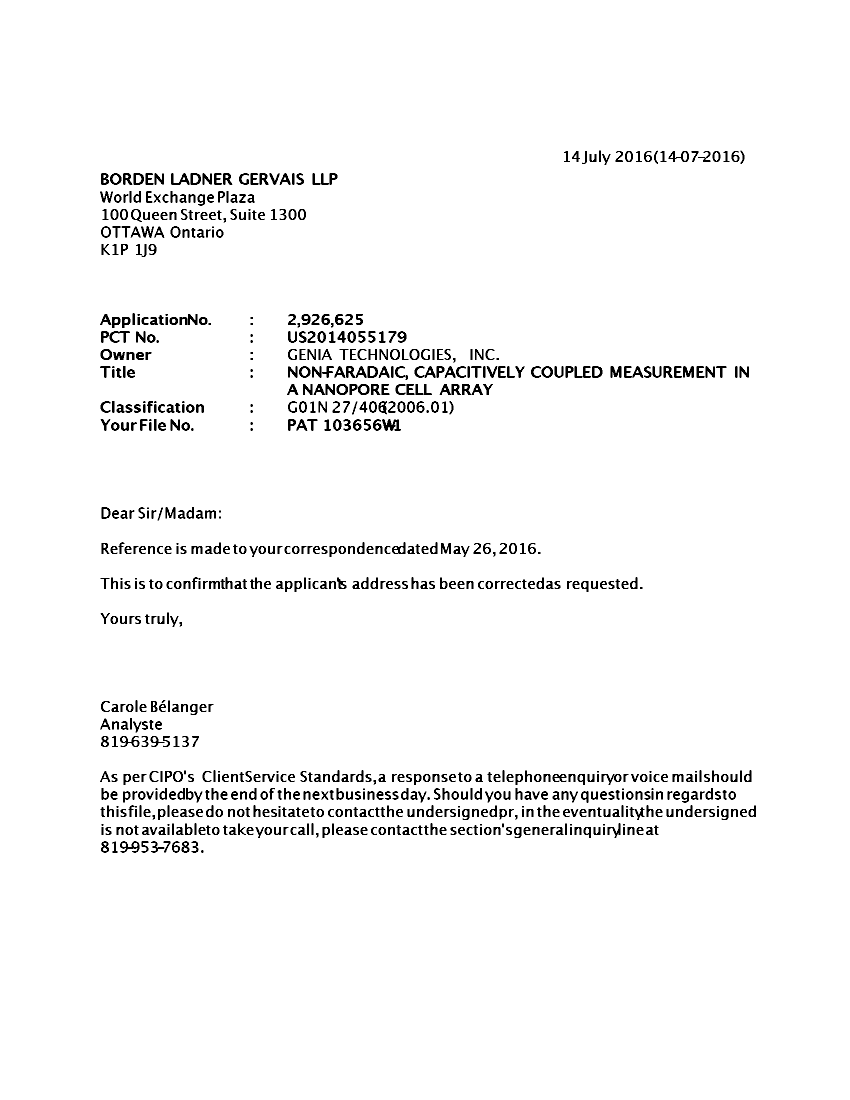 Canadian Patent Document 2926625. Office Letter 20160714. Image 1 of 1