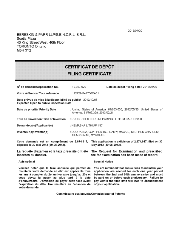 Document de brevet canadien 2927020. Correspondance 20151220. Image 1 de 1
