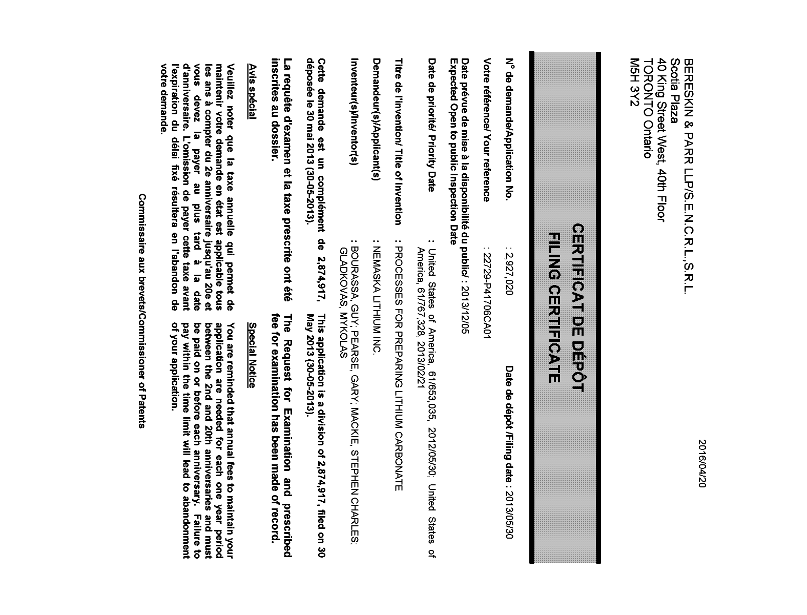 Document de brevet canadien 2927020. Correspondance 20151220. Image 1 de 1
