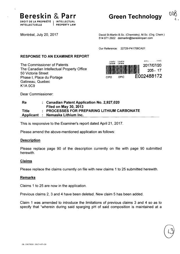 Document de brevet canadien 2927020. Poursuite-Amendment 20161220. Image 1 de 13