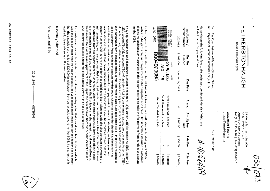Canadian Patent Document 2927052. Maintenance Fee Payment 20181105. Image 1 of 2