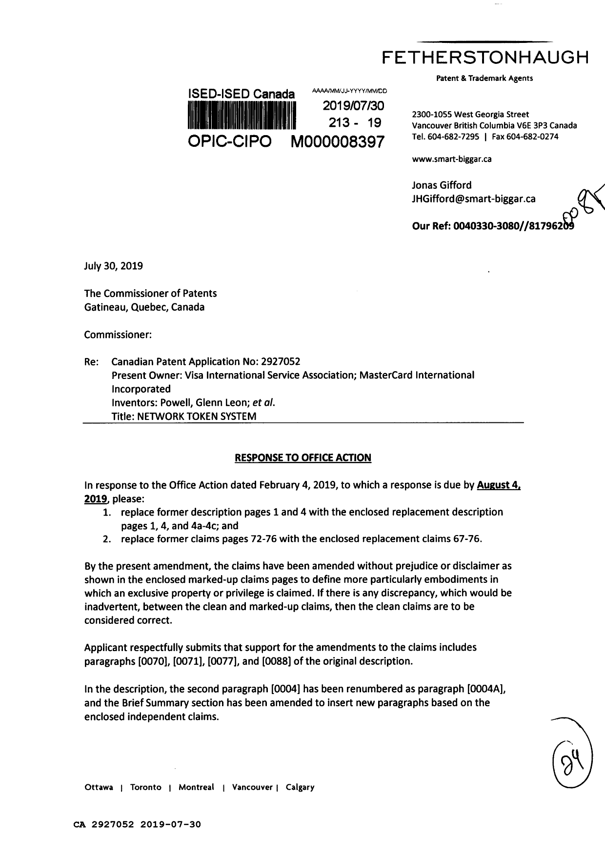 Canadian Patent Document 2927052. Amendment 20190730. Image 1 of 29