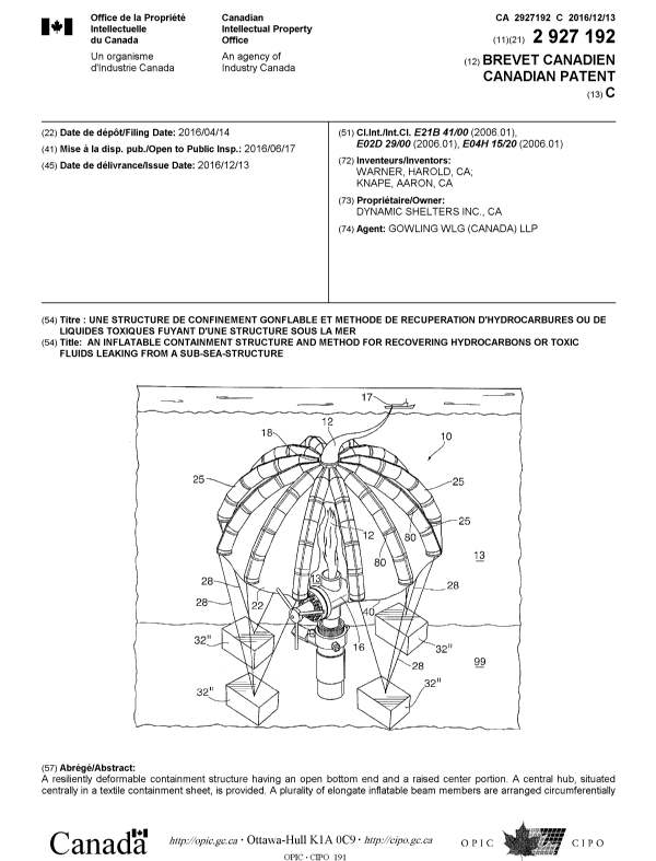 Document de brevet canadien 2927192. Page couverture 20151202. Image 1 de 2
