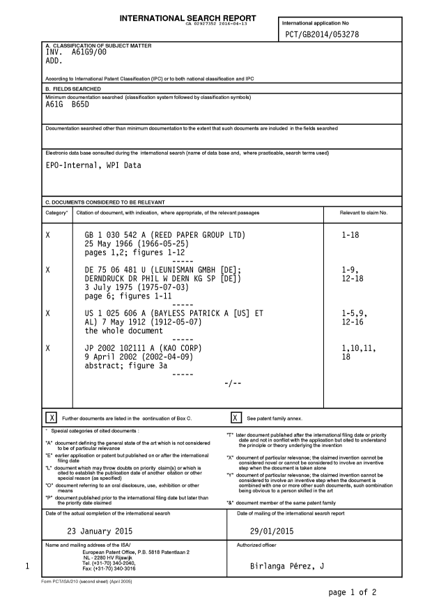 Document de brevet canadien 2927352. Rapport de recherche internationale 20160413. Image 1 de 3