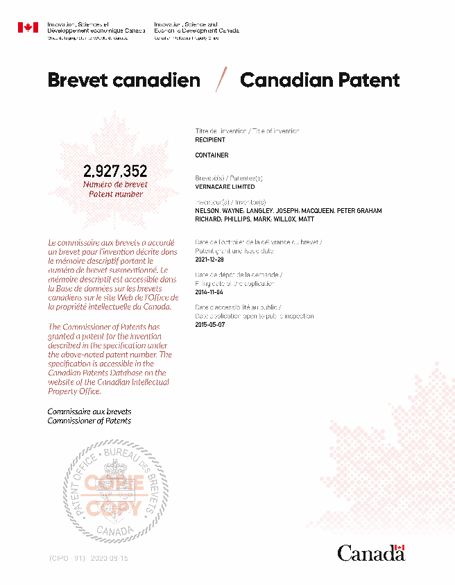 Document de brevet canadien 2927352. Certificat électronique d'octroi 20211228. Image 1 de 1