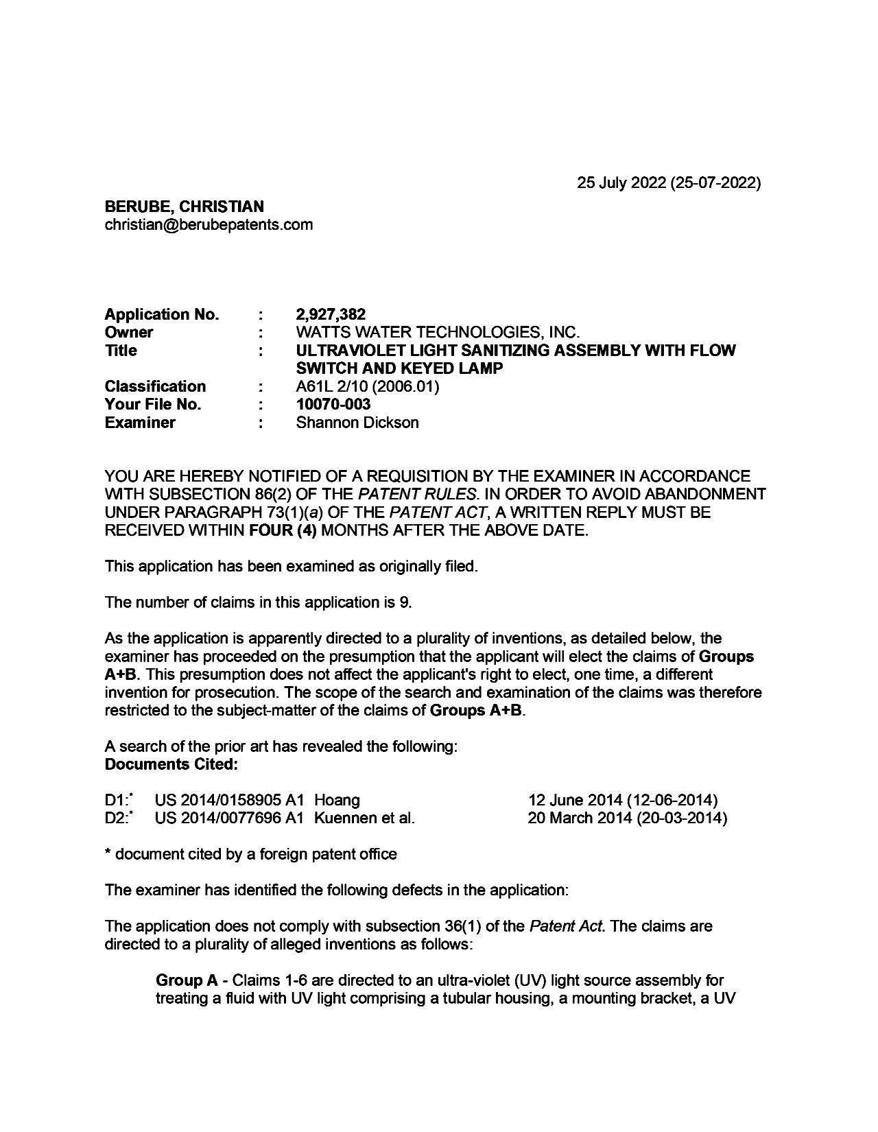 Document de brevet canadien 2927382. Demande d'examen 20220725. Image 1 de 5