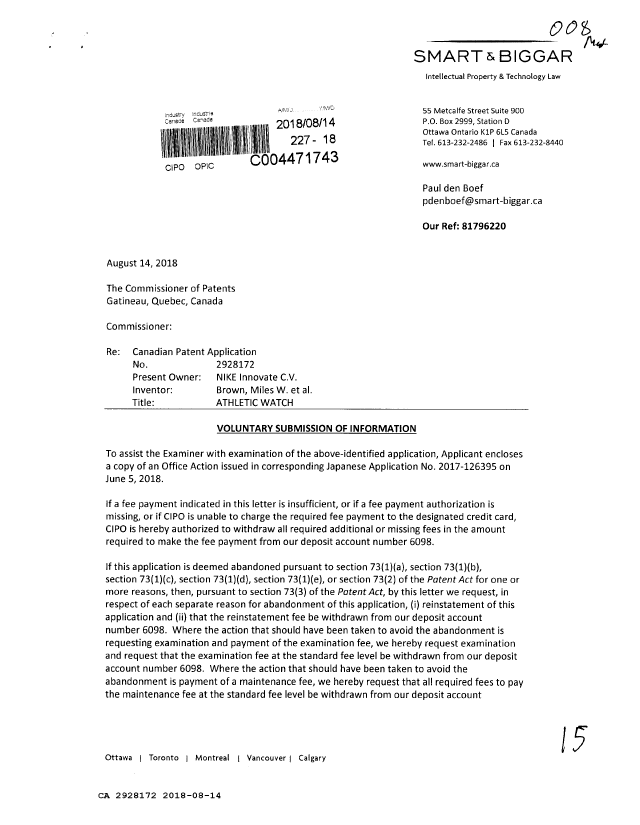 Document de brevet canadien 2928172. Modification 20180814. Image 1 de 2