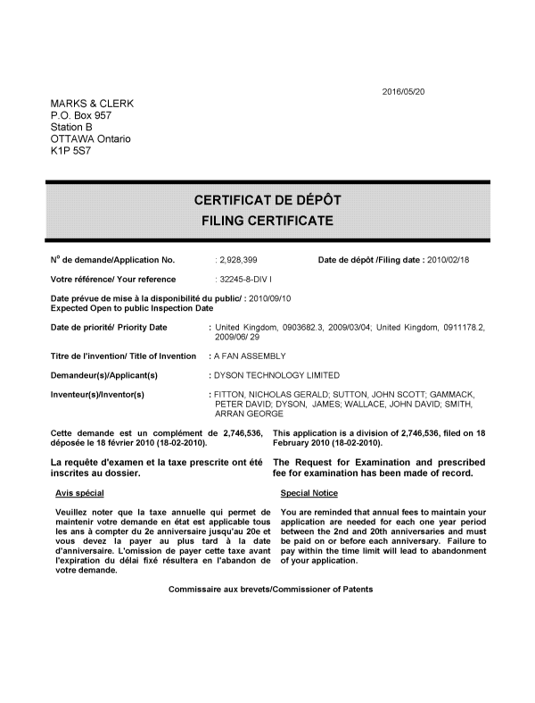 Canadian Patent Document 2928399. Divisional - Filing Certificate 20151220. Image 1 of 1