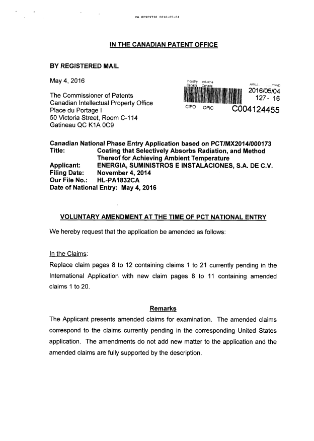 Canadian Patent Document 2929730. Prosecution-Amendment 20151204. Image 1 of 6