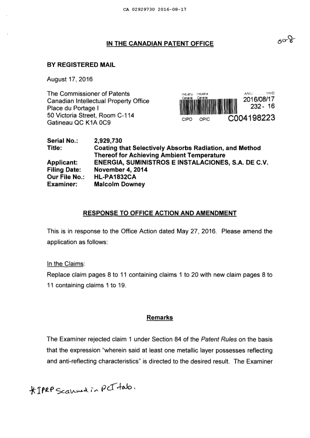 Canadian Patent Document 2929730. Prosecution-Amendment 20151217. Image 1 of 7