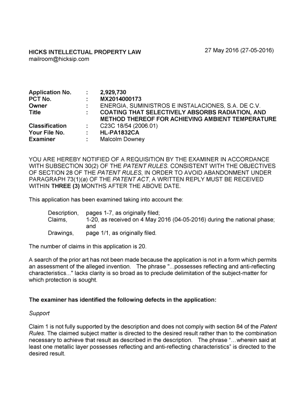 Canadian Patent Document 2929730. Prosecution-Amendment 20151227. Image 1 of 3
