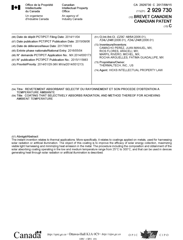 Document de brevet canadien 2929730. Page couverture 20161217. Image 1 de 1