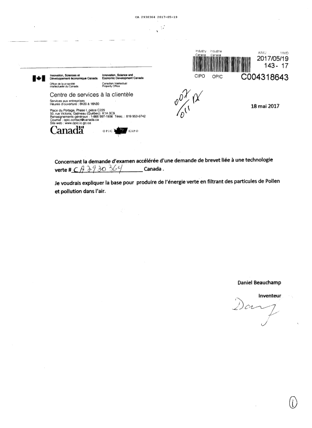 Document de brevet canadien 2930364. Poursuite-Amendment 20161219. Image 1 de 1