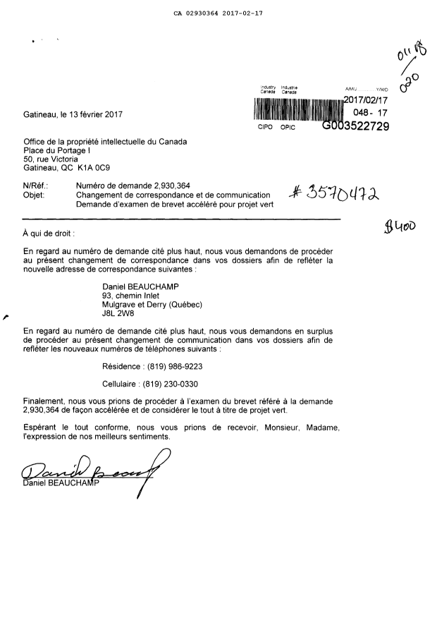 Document de brevet canadien 2930364. Correspondance reliée aux formalités 20170217. Image 1 de 1