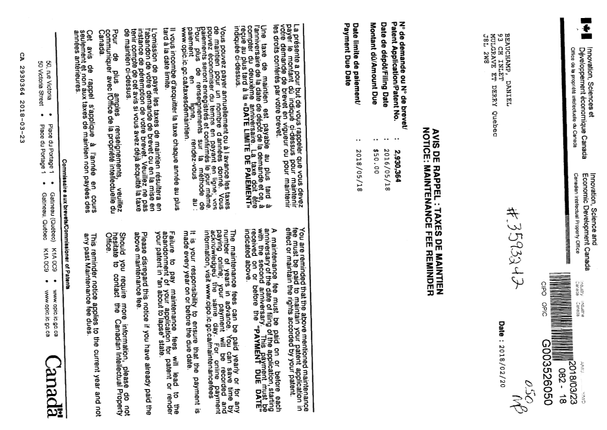 Document de brevet canadien 2930364. Paiement de taxe périodique 20180323. Image 1 de 1