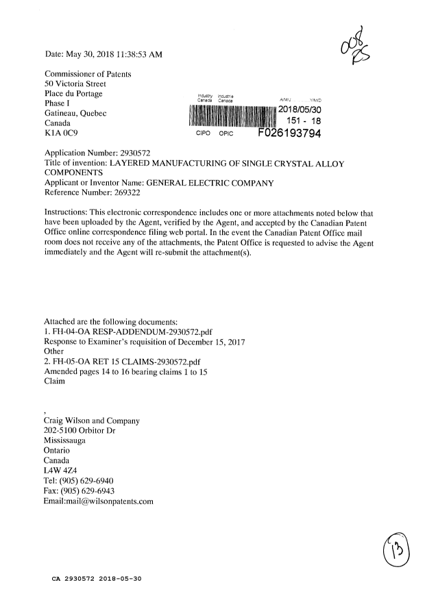 Document de brevet canadien 2930572. Modification 20180530. Image 1 de 13