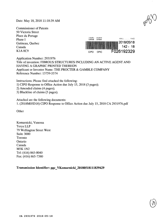 Document de brevet canadien 2931976. Modification 20180518. Image 1 de 13