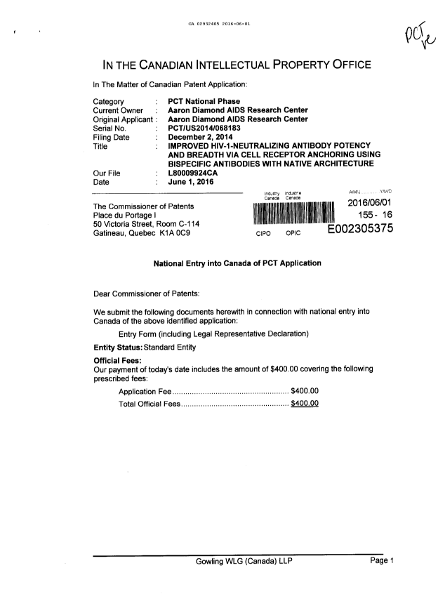Document de brevet canadien 2932405. Demande d'entrée en phase nationale 20160601. Image 1 de 3