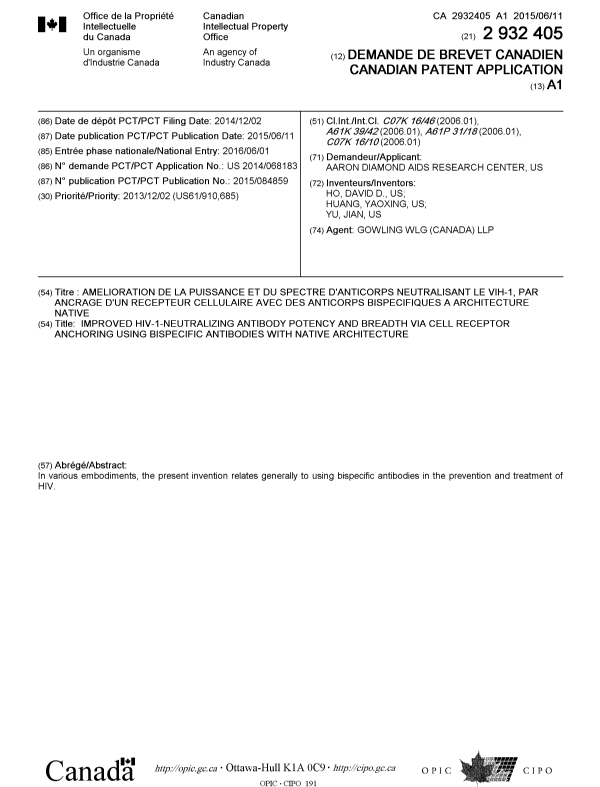 Document de brevet canadien 2932405. Page couverture 20160708. Image 1 de 1