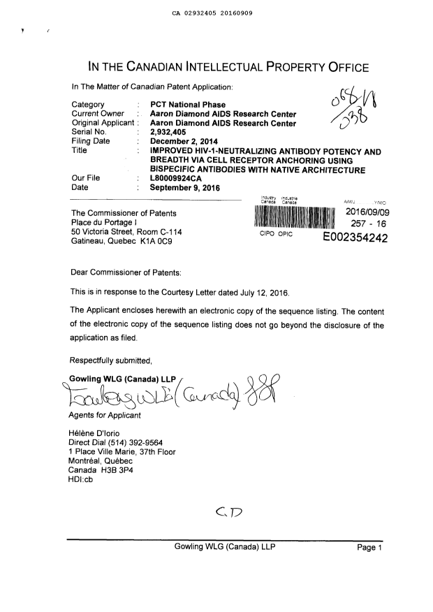Document de brevet canadien 2932405. Listage de séquences - Modification 20160909. Image 1 de 1