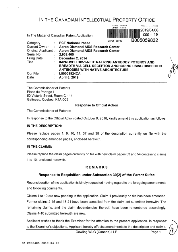 Document de brevet canadien 2932405. Modification 20190408. Image 1 de 12