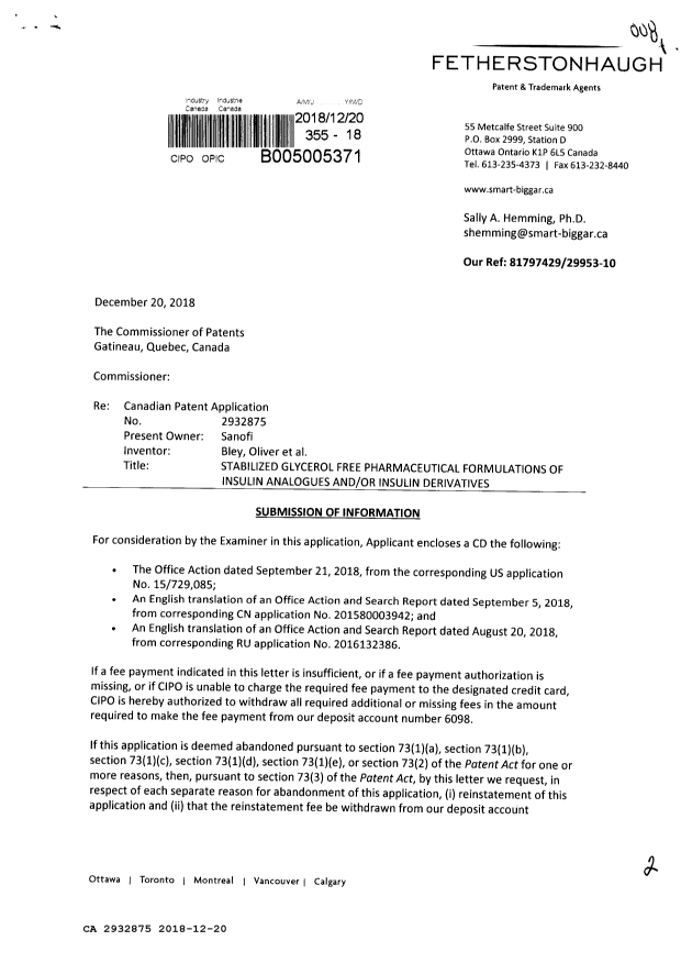 Document de brevet canadien 2932875. Modification 20181220. Image 1 de 2
