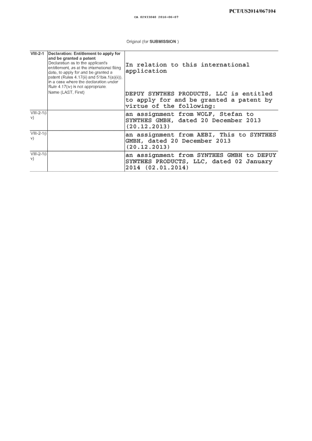 Canadian Patent Document 2933040. Declaration 20151207. Image 1 of 4