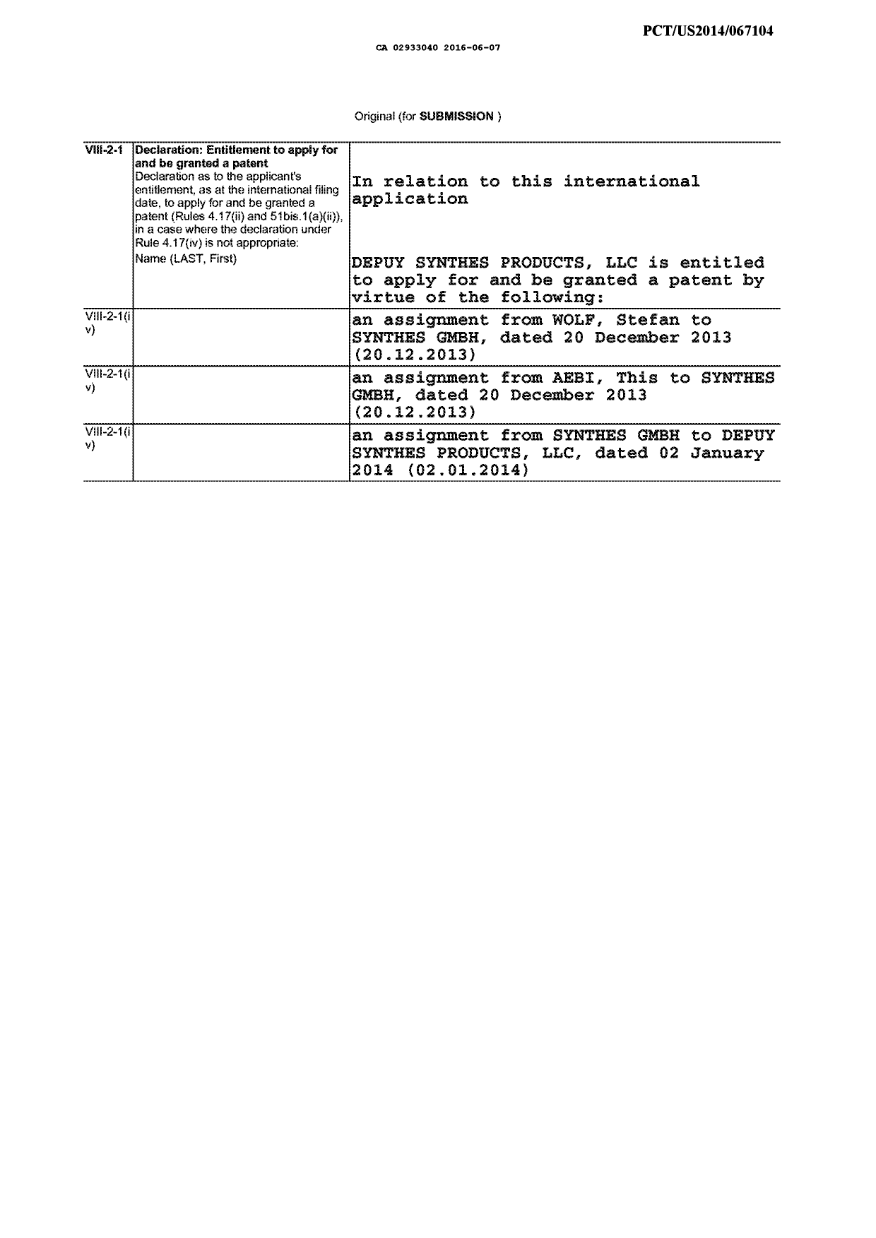 Canadian Patent Document 2933040. Declaration 20151207. Image 1 of 4