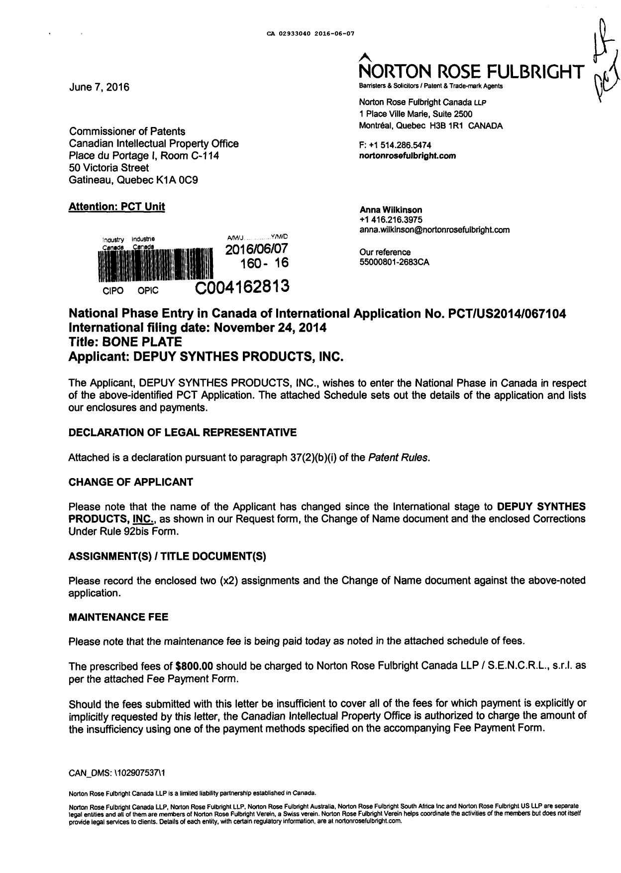 Canadian Patent Document 2933040. National Entry Request 20151207. Image 1 of 18