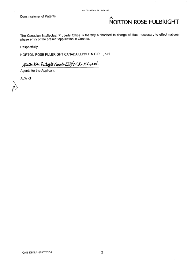 Canadian Patent Document 2933040. National Entry Request 20151207. Image 2 of 18