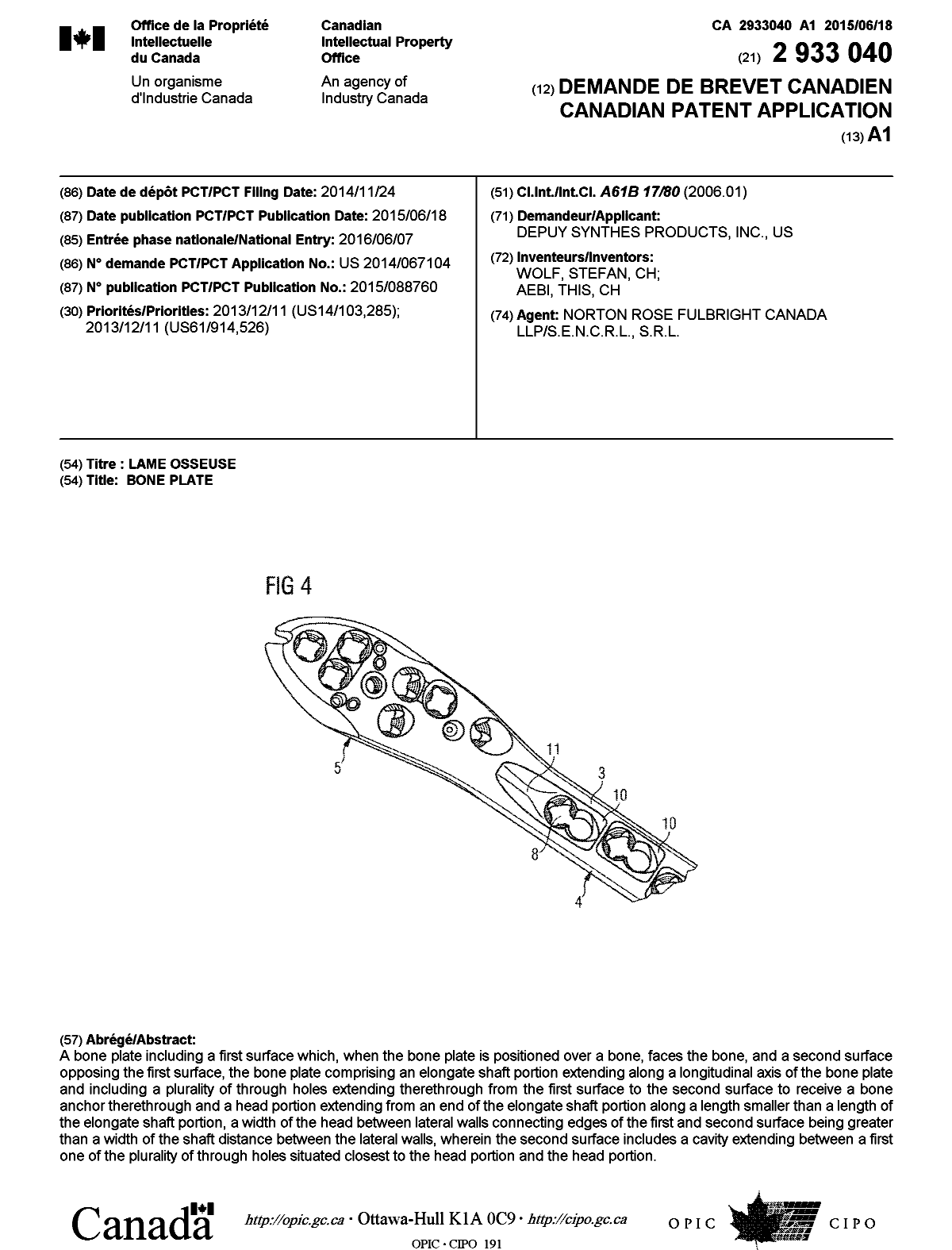 Document de brevet canadien 2933040. Page couverture 20160704. Image 1 de 1