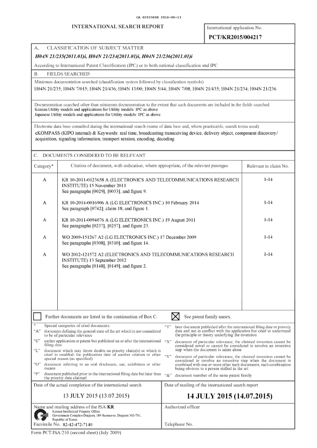 Document de brevet canadien 2933608. Rapport de recherche internationale 20160613. Image 1 de 4