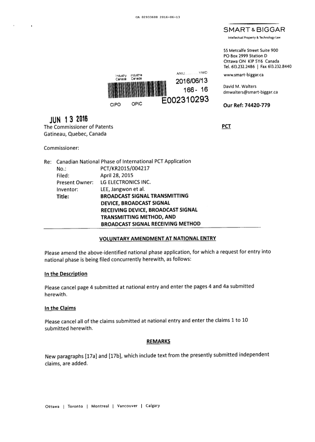 Document de brevet canadien 2933608. Poursuite - Modification 20160613. Image 1 de 7