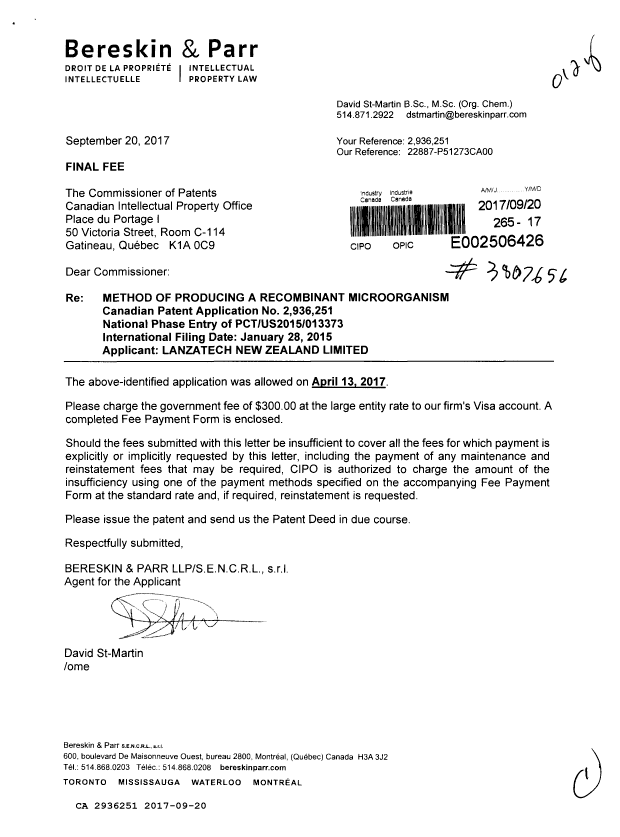 Document de brevet canadien 2936251. Correspondance 20161220. Image 1 de 1