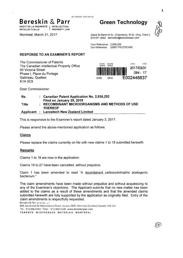 Canadian Patent Document 2936252. Prosecution-Amendment 20161231. Image 1 of 10